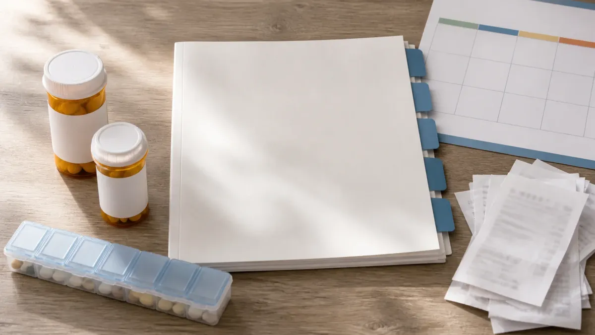 Prescription bottles, plan papers and a calendar arranged as a Medicare drug plan cost comparison.