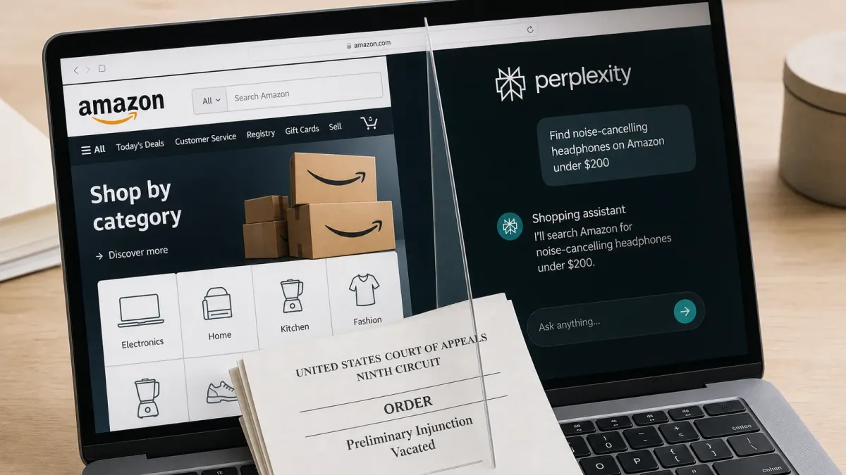 Amazon and Perplexity visual references staged beside generic court papers and a browser access divider