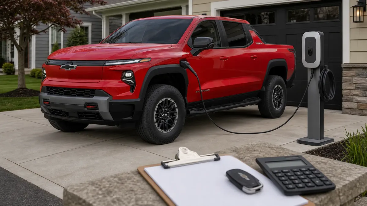 A Chevrolet Silverado EV beside home charging and blank purchase paperwork