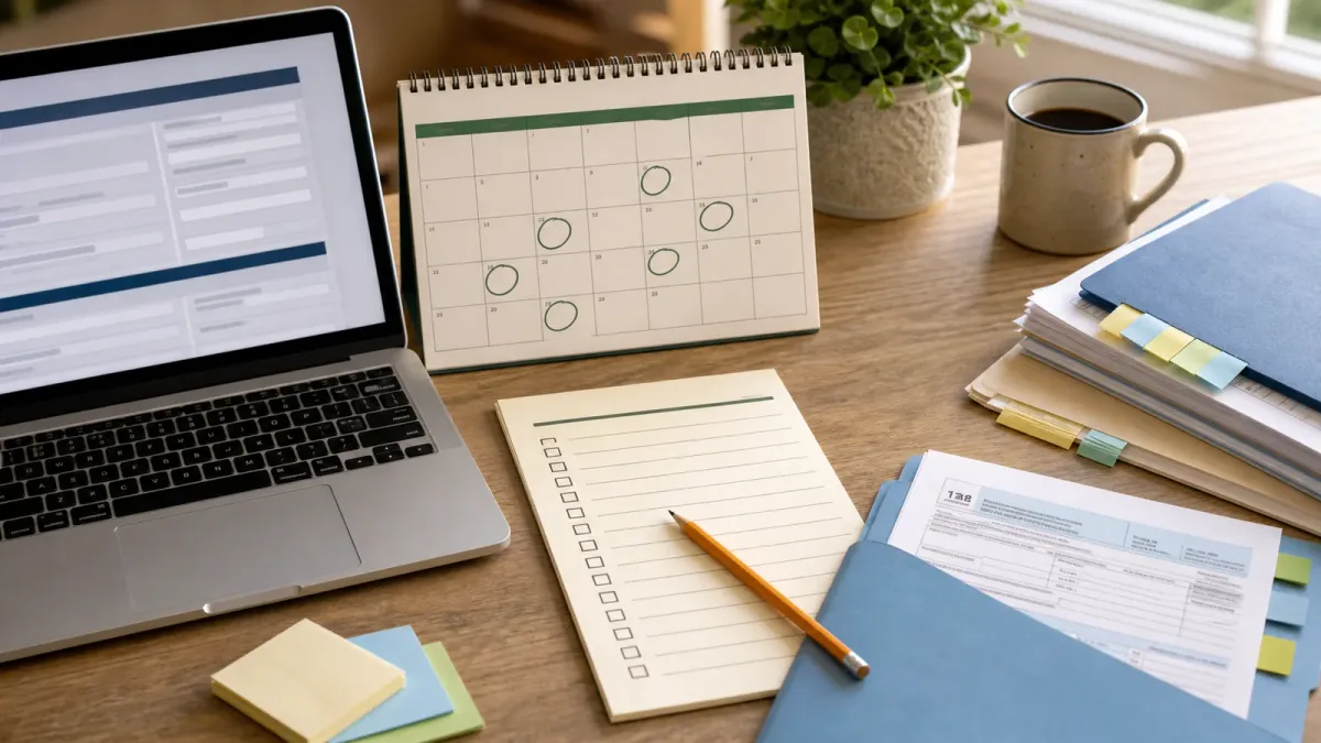 A college aid checklist beside a laptop, family documents and a calendar reminder