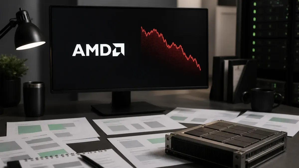 AMD branding appears on an investor workstation beside a downward market chart and AI chip notes.
