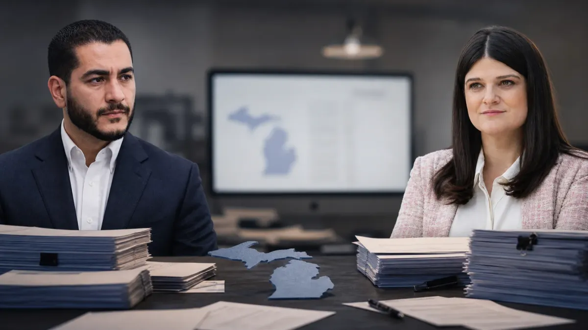 Source-grounded portraits of Abdul El-Sayed and Haley Stevens set around an unfinished Michigan vote-count workspace