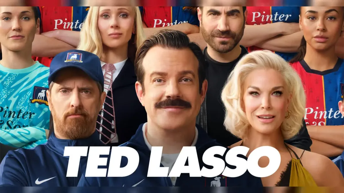 Official Ted Lasso season-four ensemble artwork with Ted centered among Richmond characters and players.