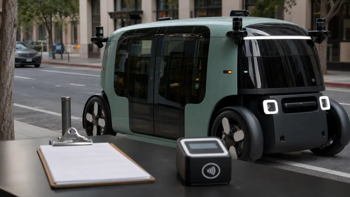 A recognizable Zoox robotaxi at an urban curb with generic fare and permit objects in the foreground.