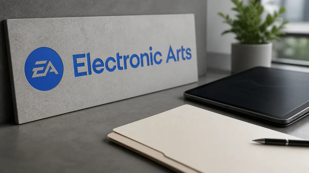 Electronic Arts branding beside private acquisition paperwork and a closed trading screen