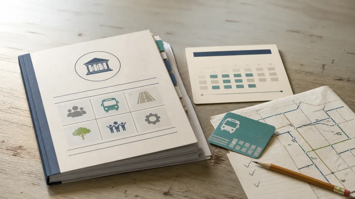Budget papers, a calendar card and a transit card arranged on a desk to show Miami-Dade budget tradeoffs