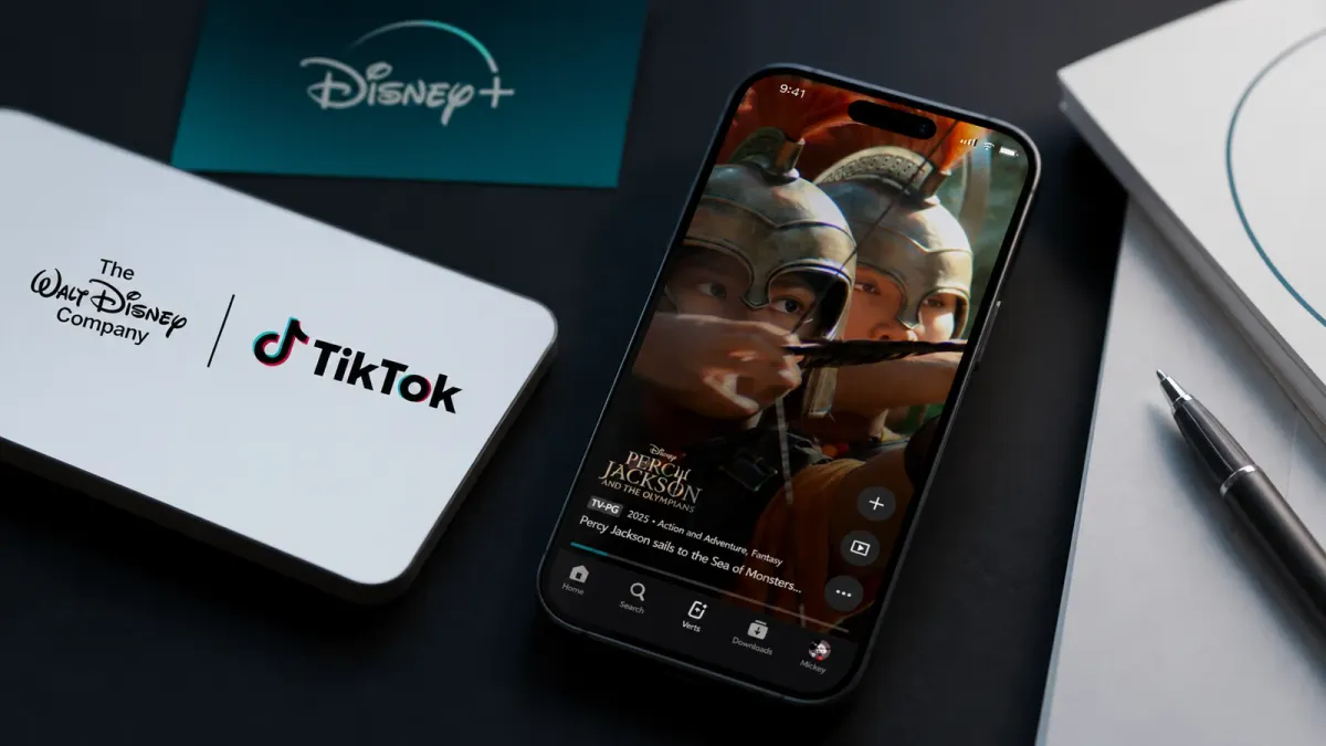 A phone with a Disney+ Verts-style vertical video screen sits beside a Disney and TikTok partnership reference and an earnings packet.