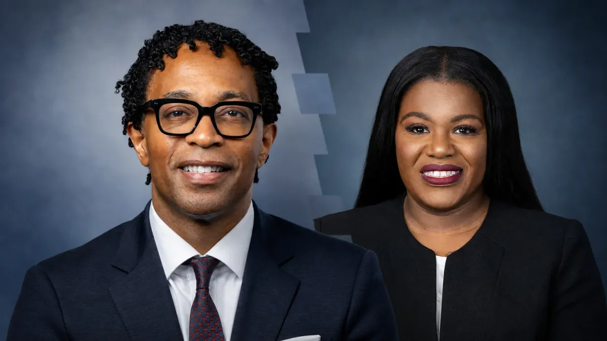 Source-grounded portraits of Wesley Bell and Cori Bush arranged as a neutral election-result composition.