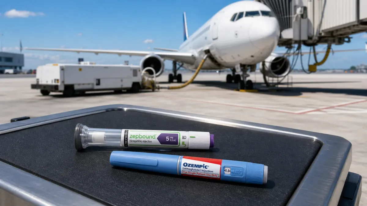 Ozempic and Zepbound pens rest on an airport baggage scale as a passenger jet is refueled in the background.