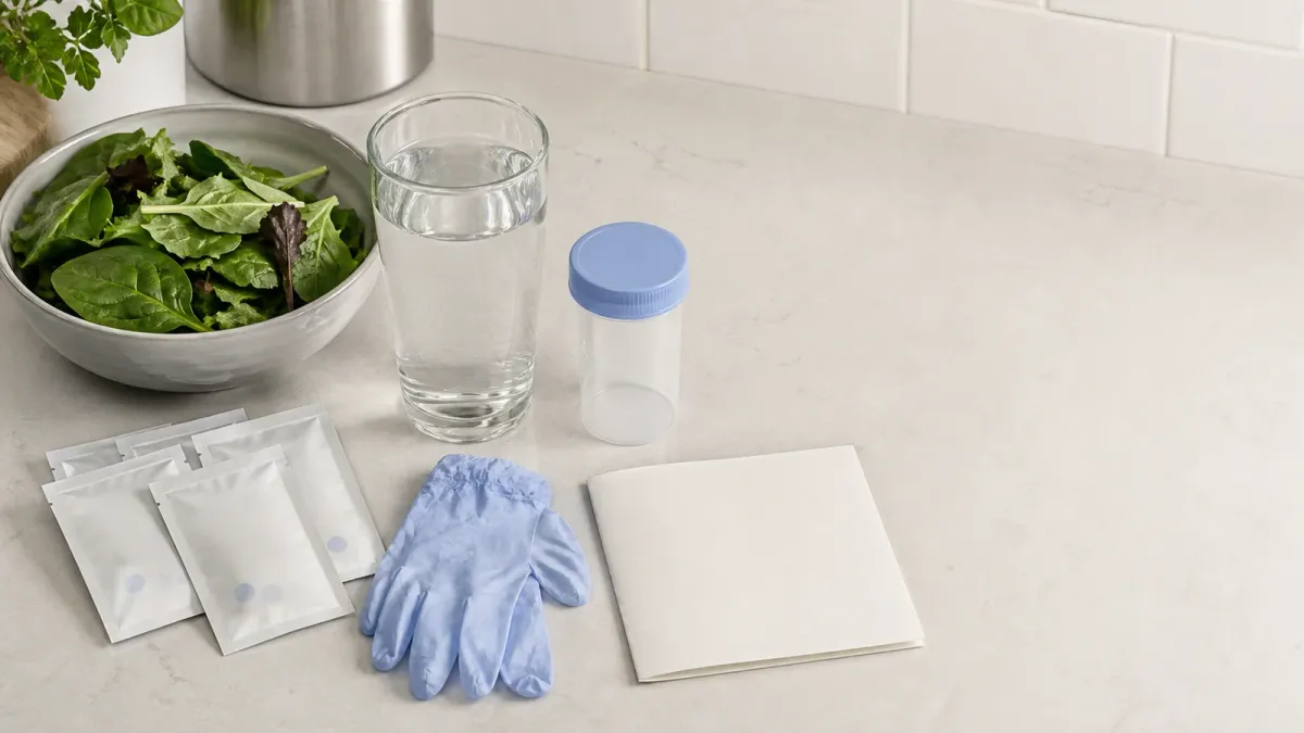 A clean kitchen counter with leafy greens, water, sealed health supplies, and a blank public health notice arranged as an outbreak caution still life