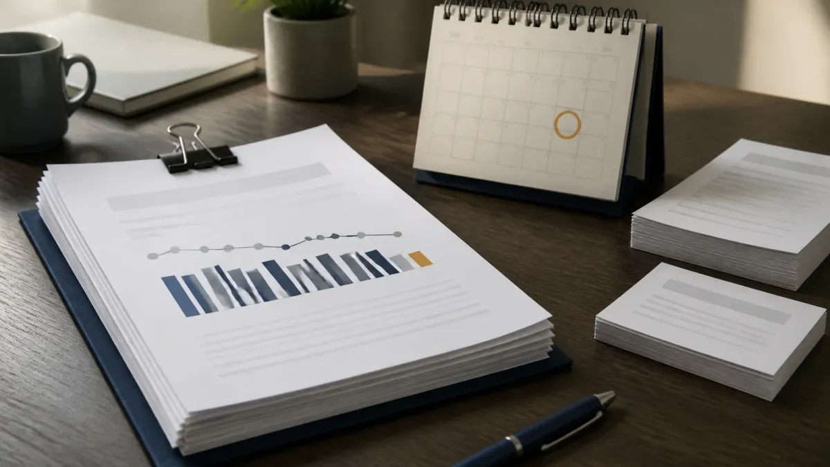 Payroll documents and a marked desk calendar arranged as a visual cue for a coming jobs report.