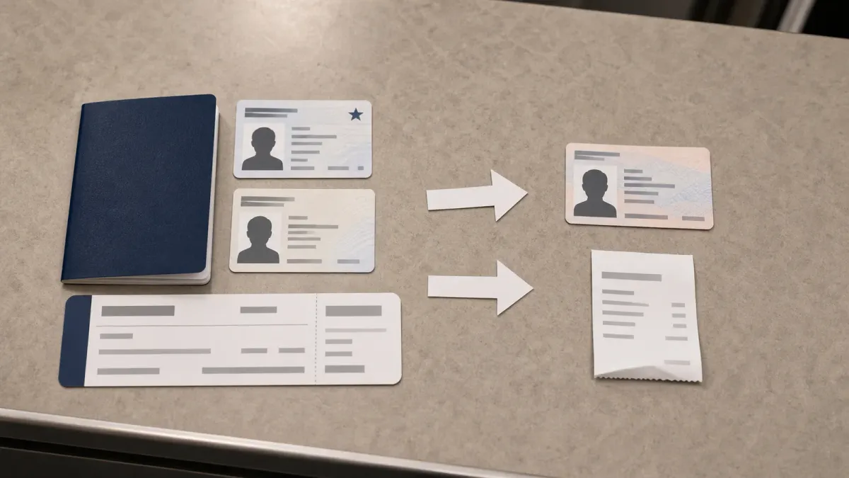 Passport, license cards, boarding pass, and a generic fee receipt arranged on an airport counter