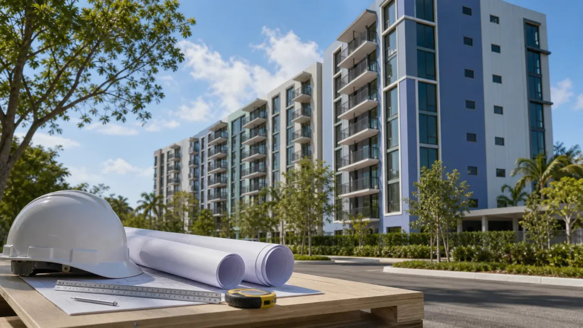 A source-grounded editorial view of the planned Serenity Gardens building with construction planning materials in the foreground
