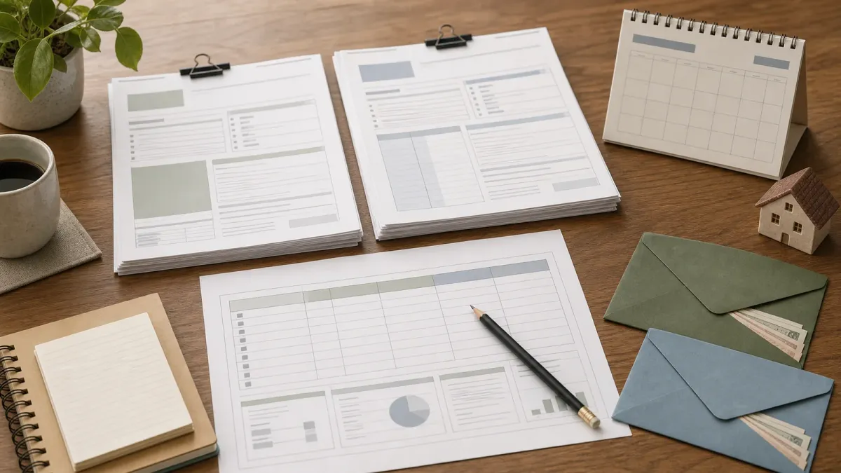 Generic mortgage paperwork, a rate-lock calendar and cash-to-close envelopes arranged on a desk for a refinance decision
