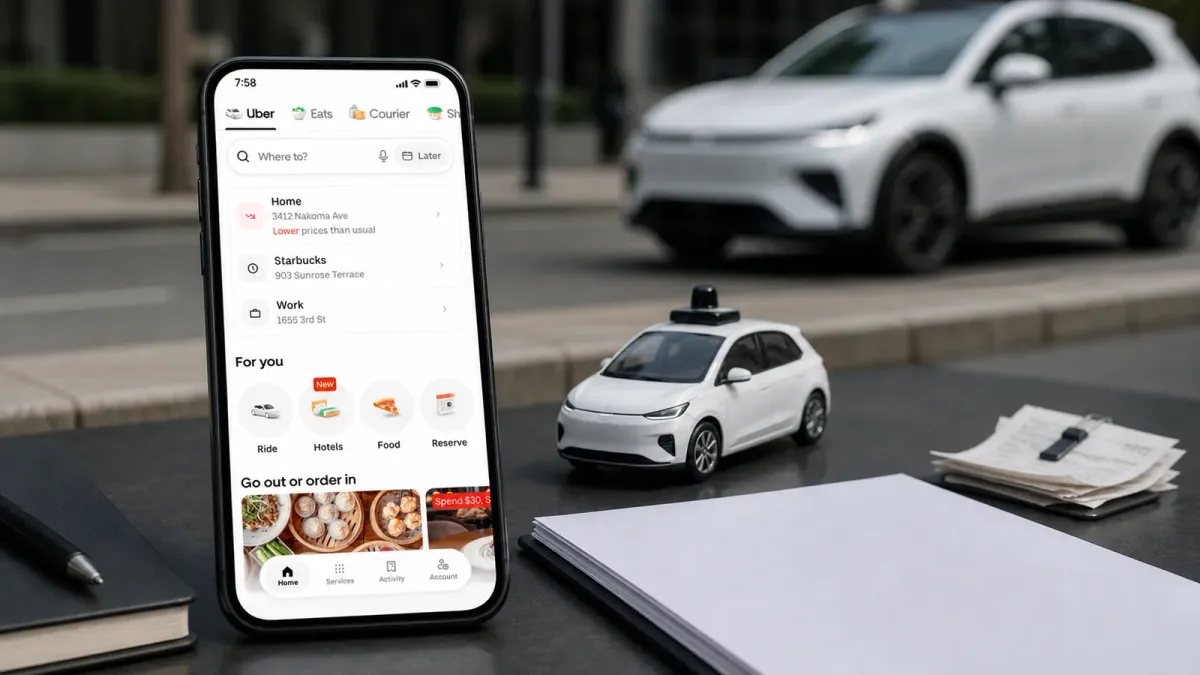Uber app screen beside a small driverless-car model and blank earnings papers on a restrained desk.