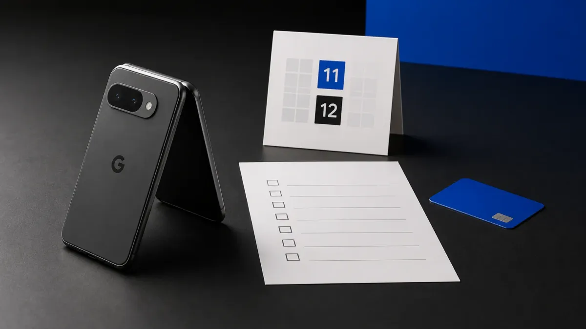 A Pixel 11 phone setup beside a calendar card and pre-order checklist on a desk
