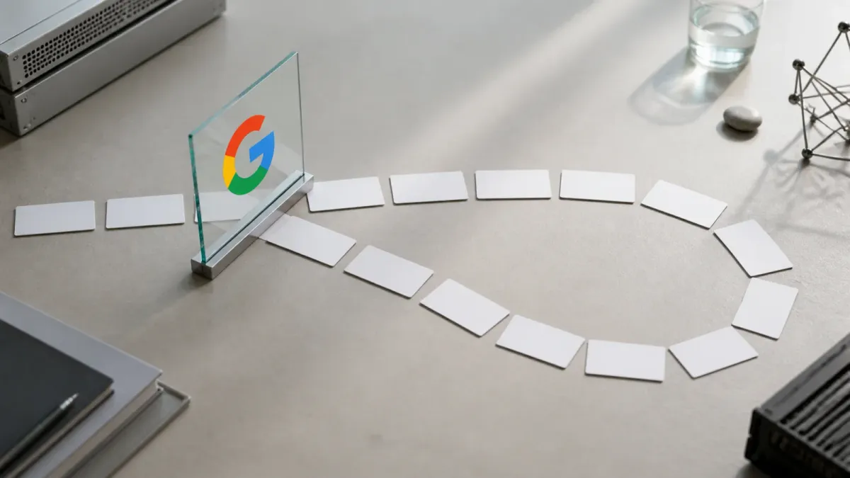 A source-grounded Google mark beside blank research cards that split into an outside loop.