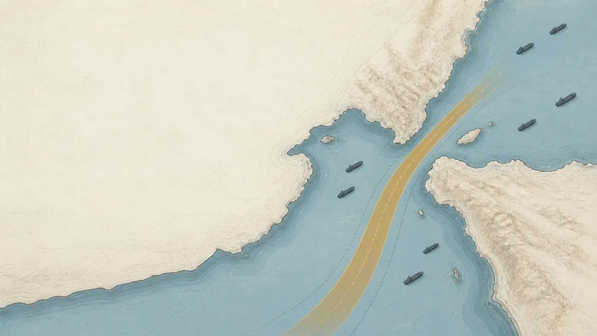 A schematic maritime corridor narrows through a strait while cargo-vessel markers wait outside the passage.