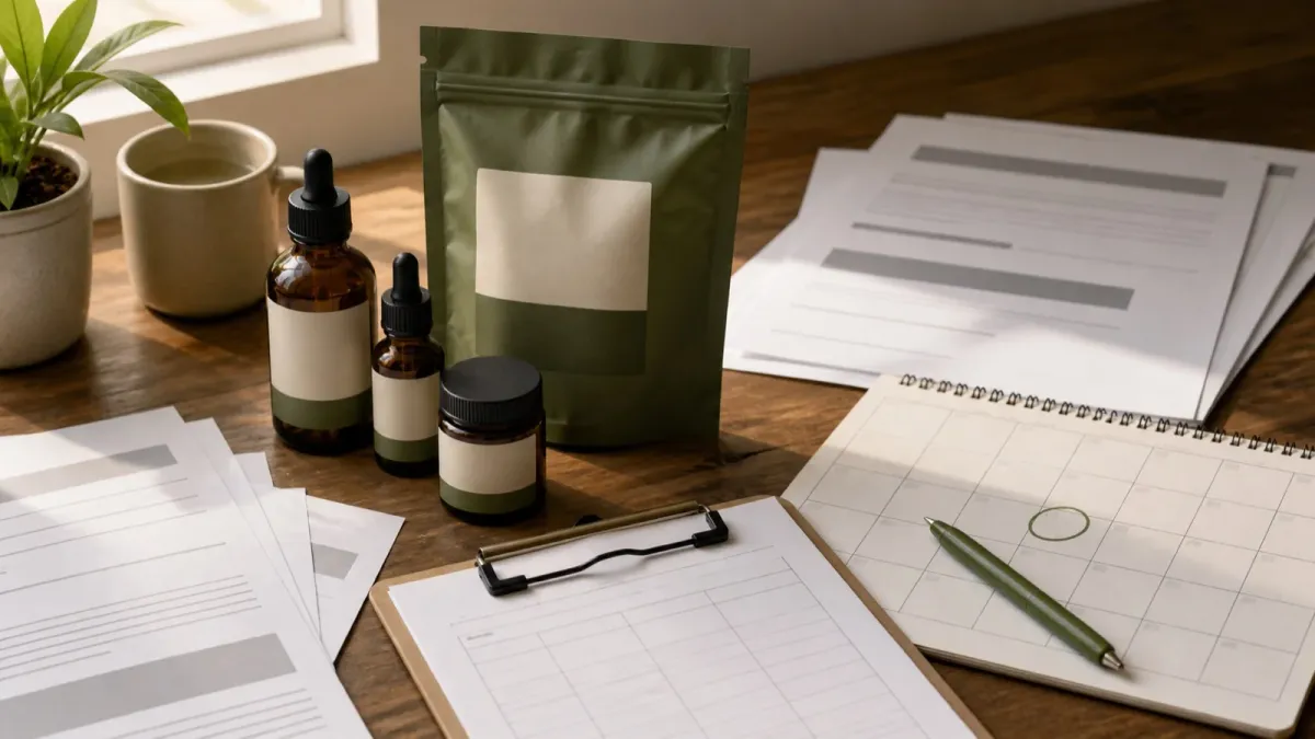 Generic hemp-product bottles, blank compliance paperwork, and a calendar staged as a pending retail deadline.