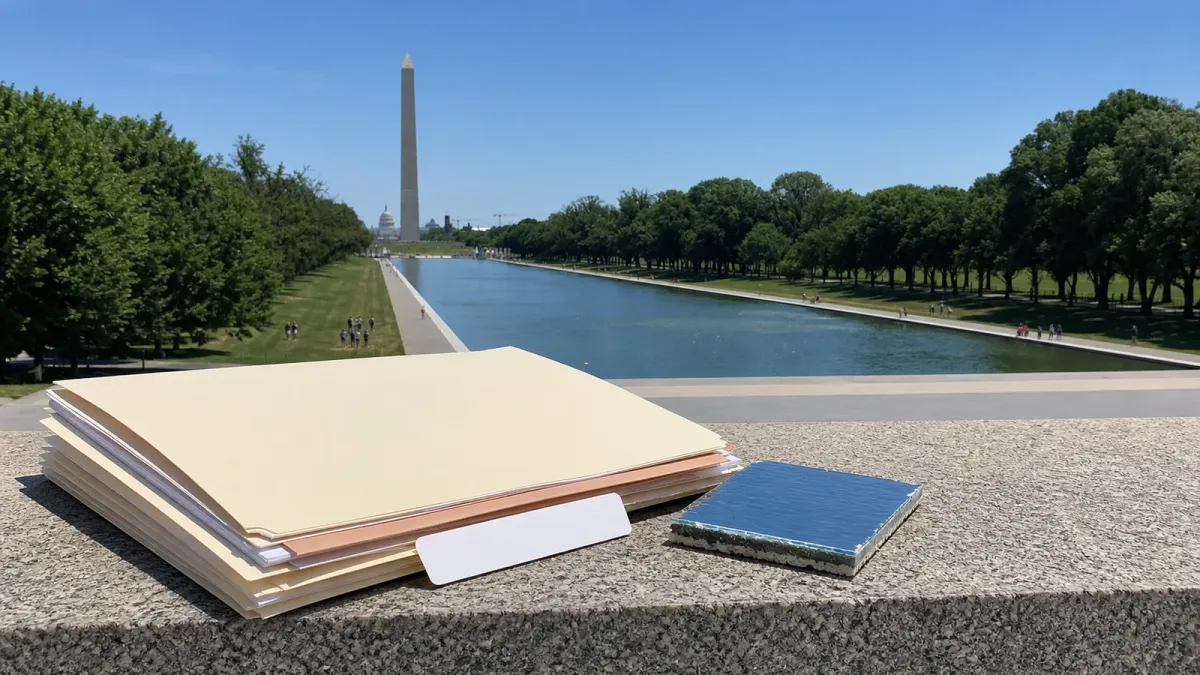 The Lincoln Memorial Reflecting Pool seen behind an unmarked legal folder and blue coating sample on a stone ledge.