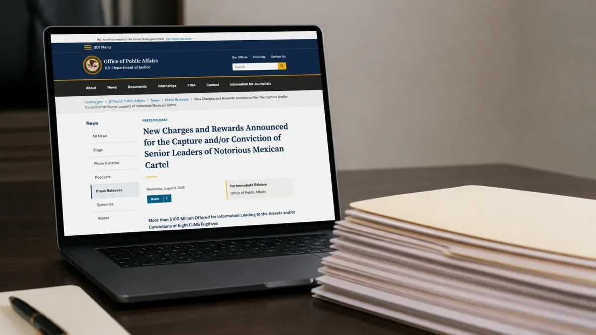 A laptop displays a U.S. Department of Justice press release beside a stack of unmarked federal paperwork.