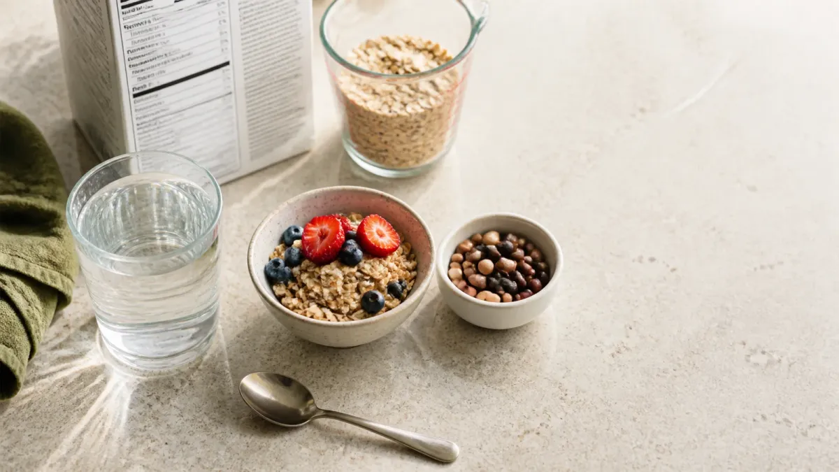 A kitchen counter with oats, berries, beans, water, and a generic nutrition label arranged as a gradual fiber-choice setup.
