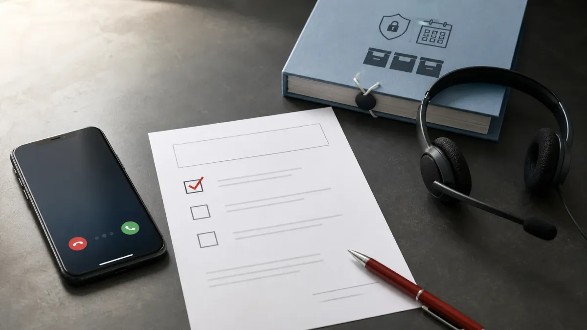 A mobile phone beside a blank consent form and call-center headset, arranged to show the shift from unsolicited calls to opt-in permission.