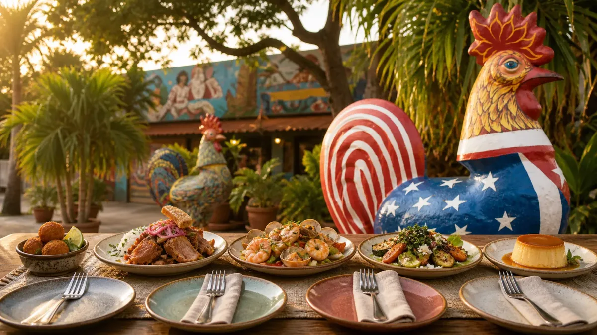 A staged five-place dining table beside a colorful Calle Ocho rooster sculpture in Little Havana