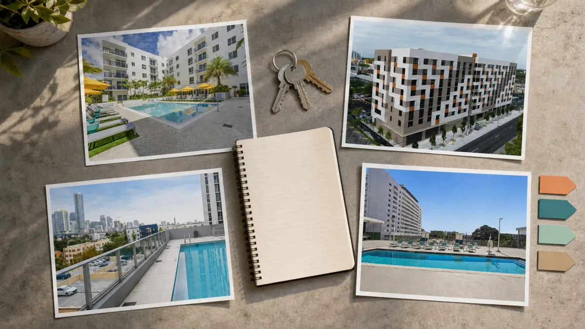 Four source-grounded photos of Altis Little Havana, Brisas del Sol, Ram Miami River South and Riverview One arranged as an apartment tour plan