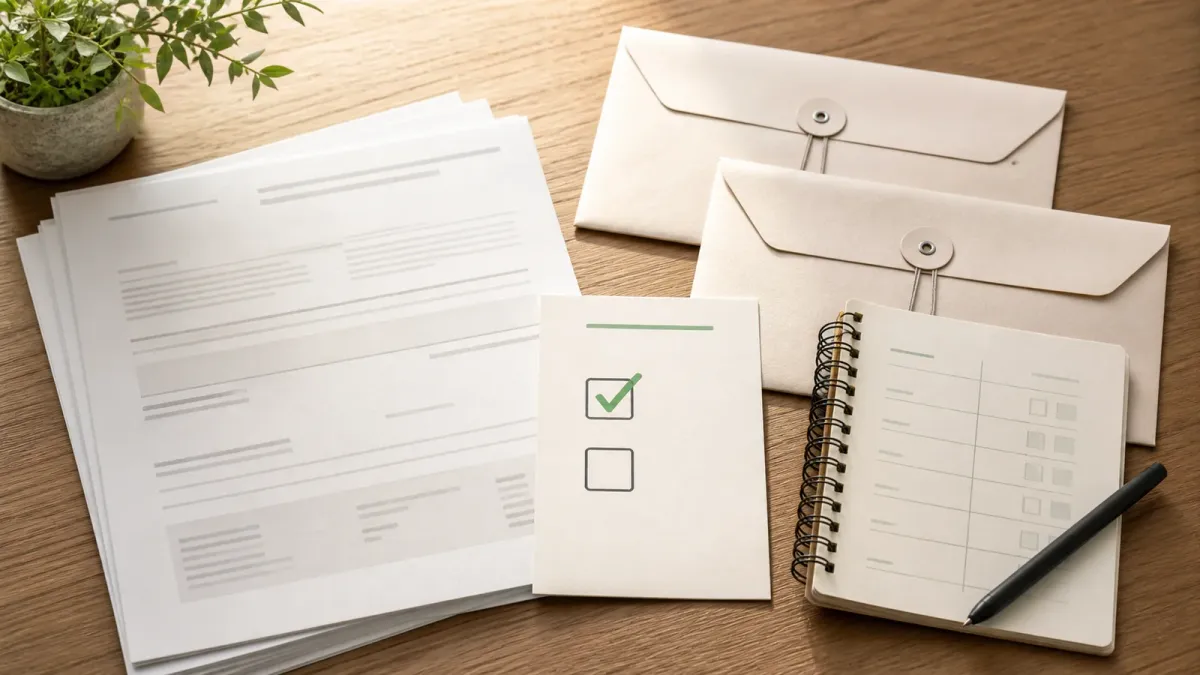 A tax checklist, payroll envelopes, and a tip notebook arranged on a desk