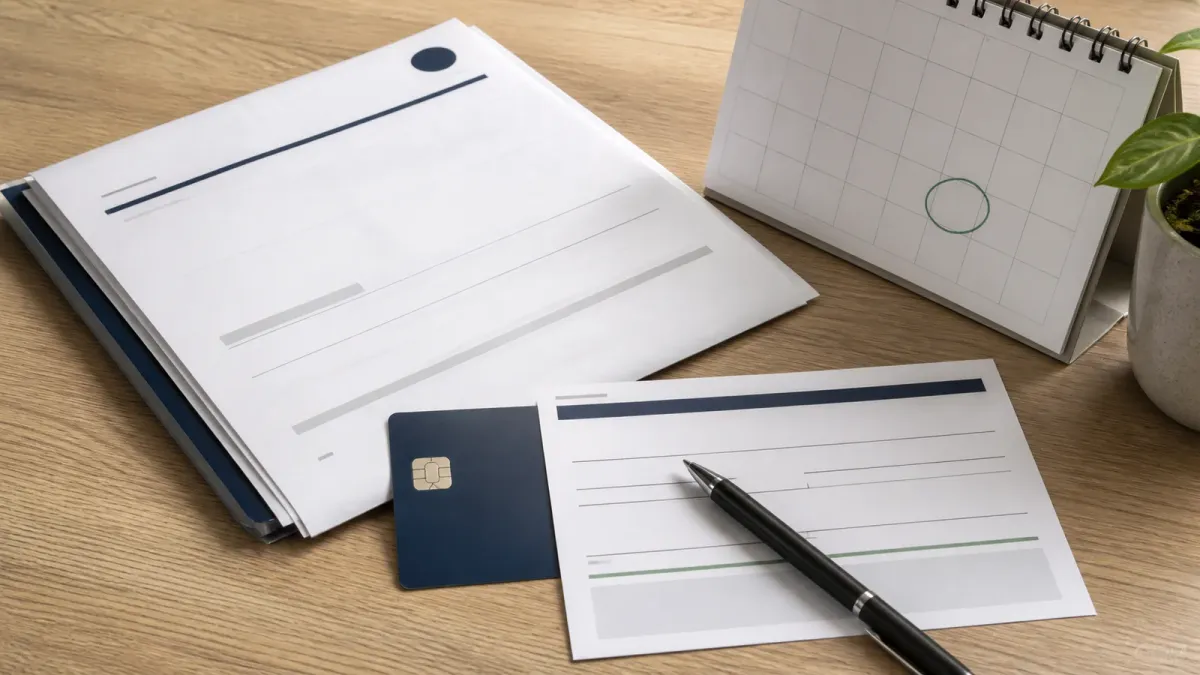 A blank loan packet, unbranded payment card, pen and circled calendar square arranged on a desktop.