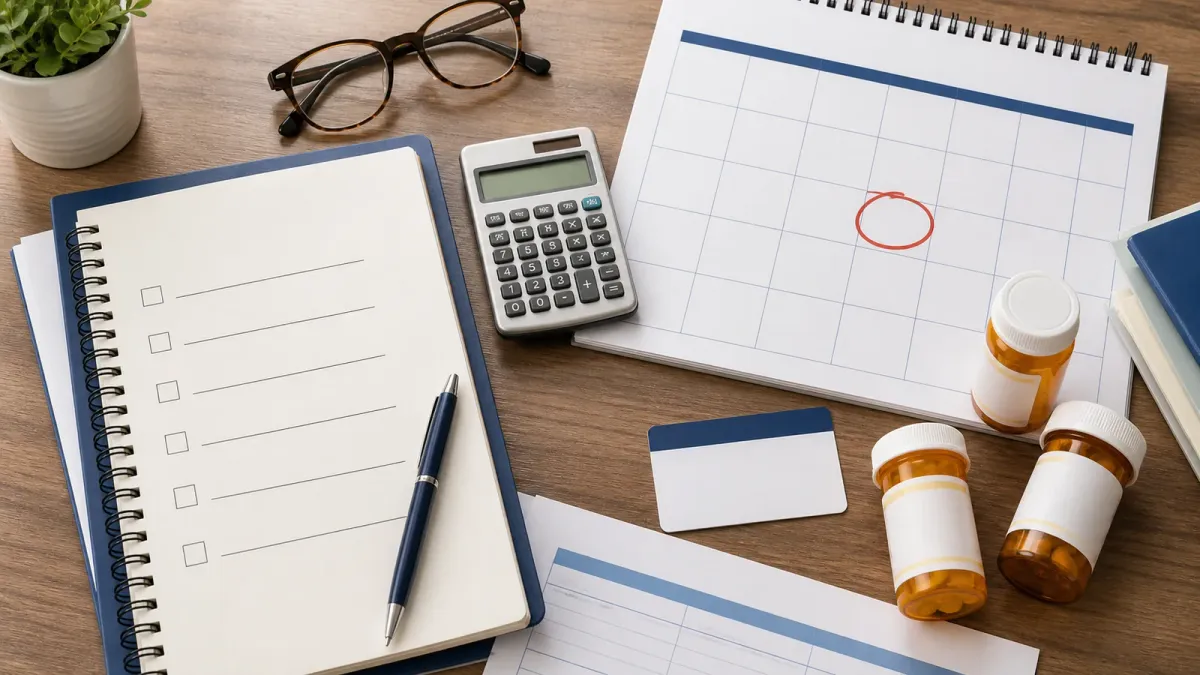 A Medicare planning checklist arranged with prescription bottles, a calendar, glasses, and a calculator