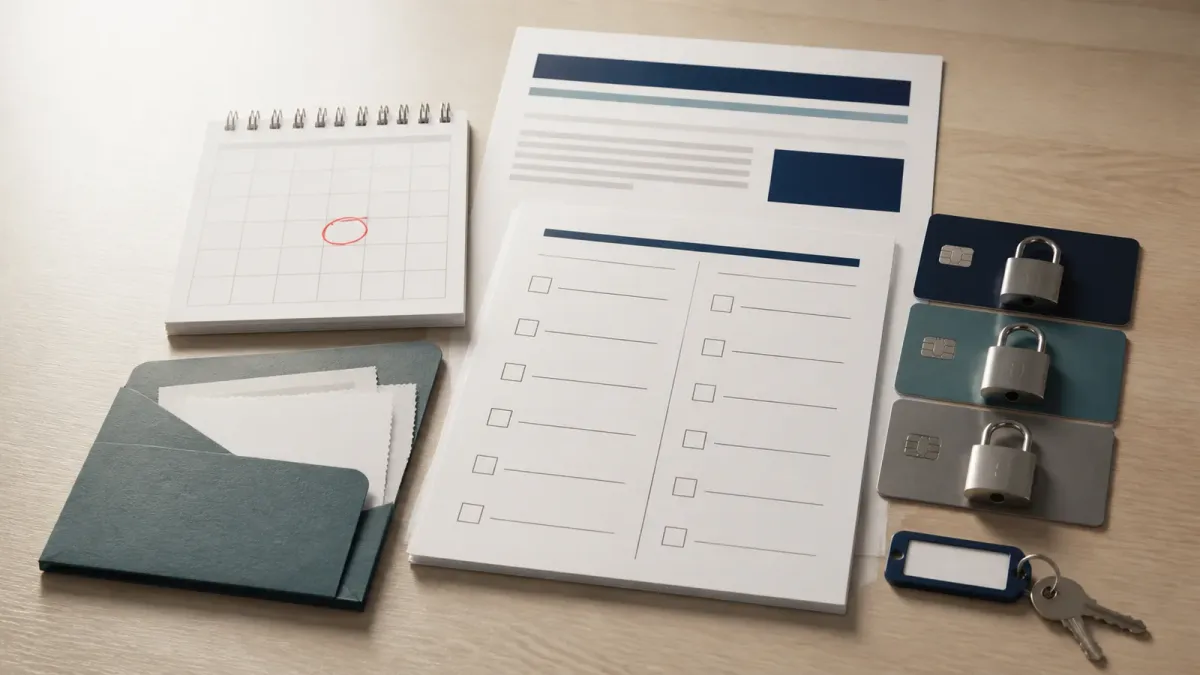 A breach notice, claim checklist, locked credit cards, and a calendar arranged as a credit-freeze decision