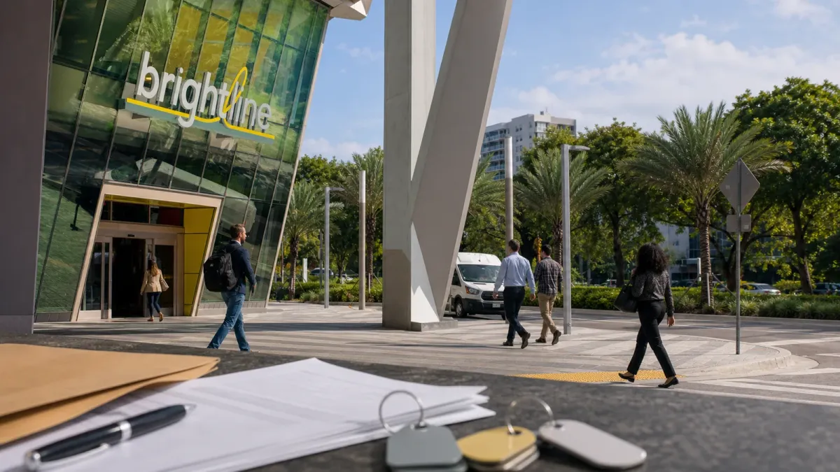 Brightline MiamiCentral station exterior with blank legal papers and key tags in the foreground