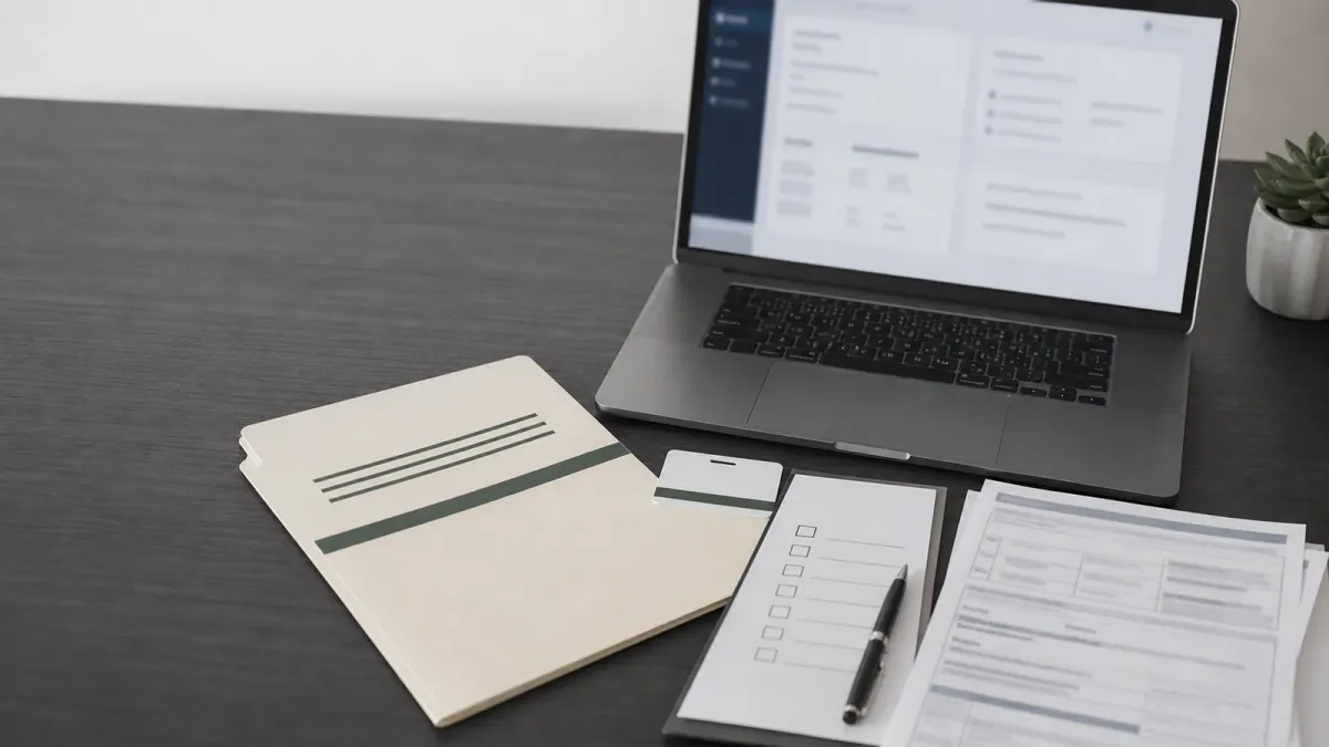 Business tax paperwork, a keycard and a blurred account dashboard arranged on a desk