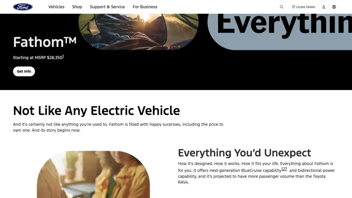 Ford's official Fathom page showing the electric truck name and $28,350 starting MSRP
