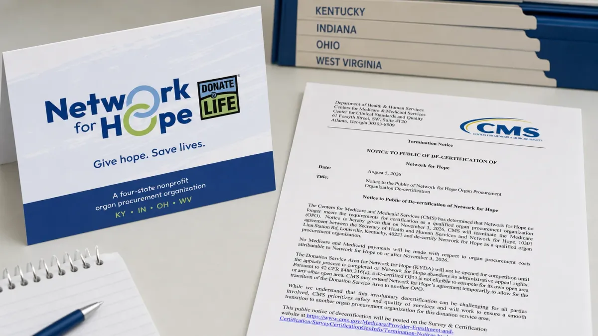 Network for Hope materials and a CMS decertification notice arranged on a clean oversight desk.
