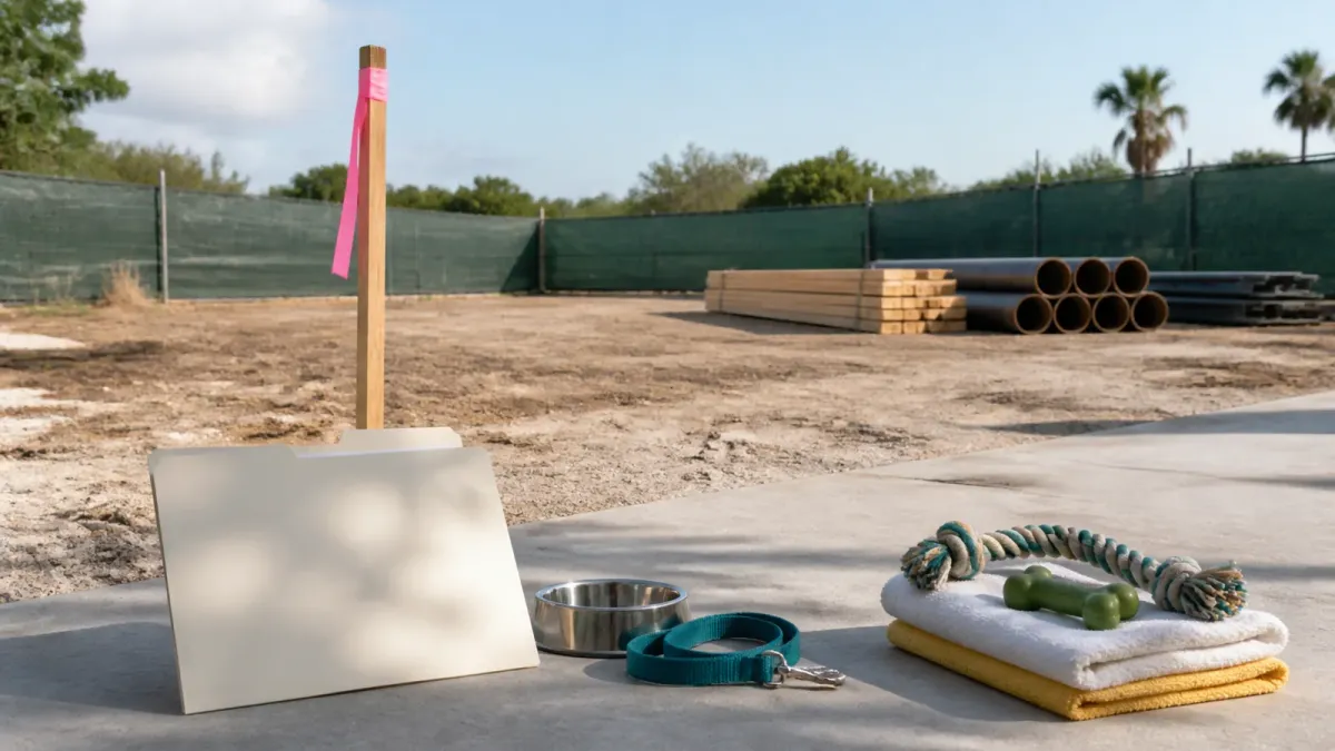 Construction-ready South Dade animal-services site with a county project folder and pet-care supplies in the foreground