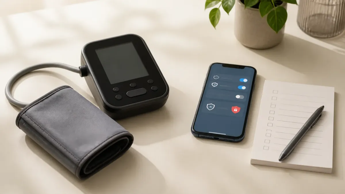 A home blood pressure cuff beside a phone with abstract privacy controls and a blank checklist.