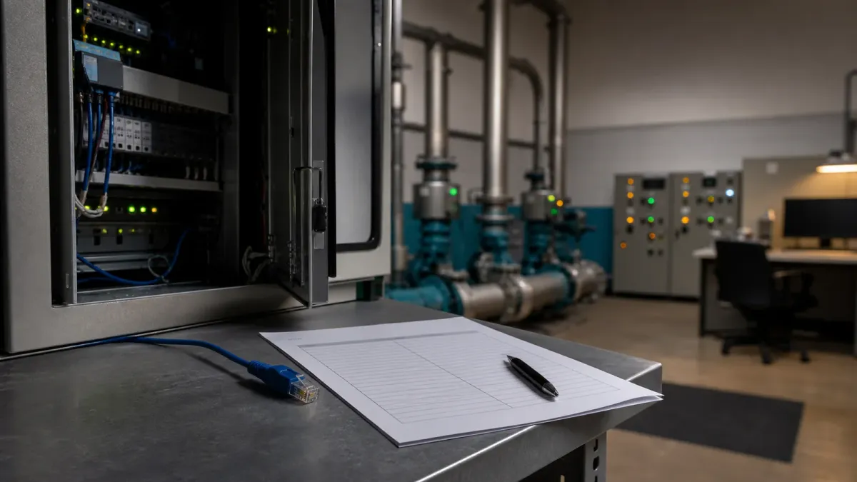 A staged municipal water-control room with an open control cabinet, pipes, indicator lights and an unplugged network cable.