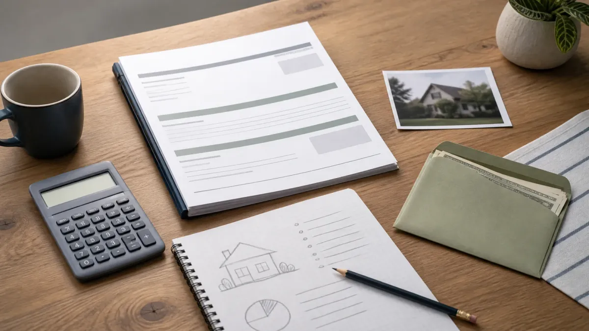 A mortgage estimate packet, calculator, worksheet and savings envelope arranged on a desk to show the full cost of a home loan.