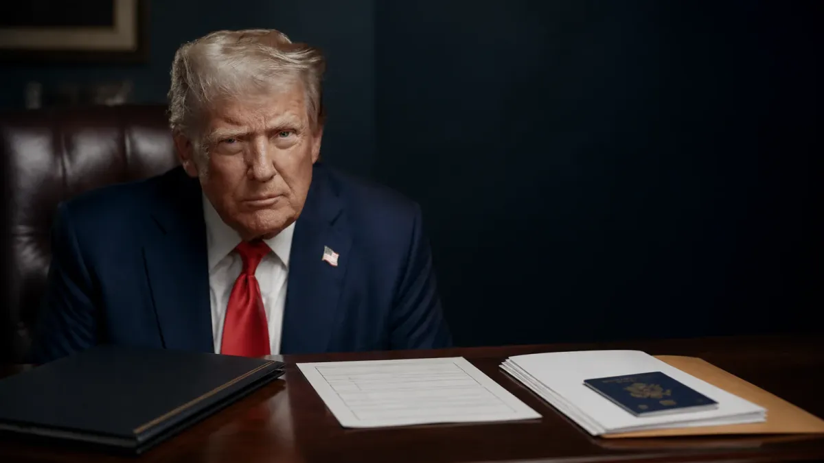 Donald Trump beside blank federal order and visa documents in a source-grounded editorial image about birthright citizenship