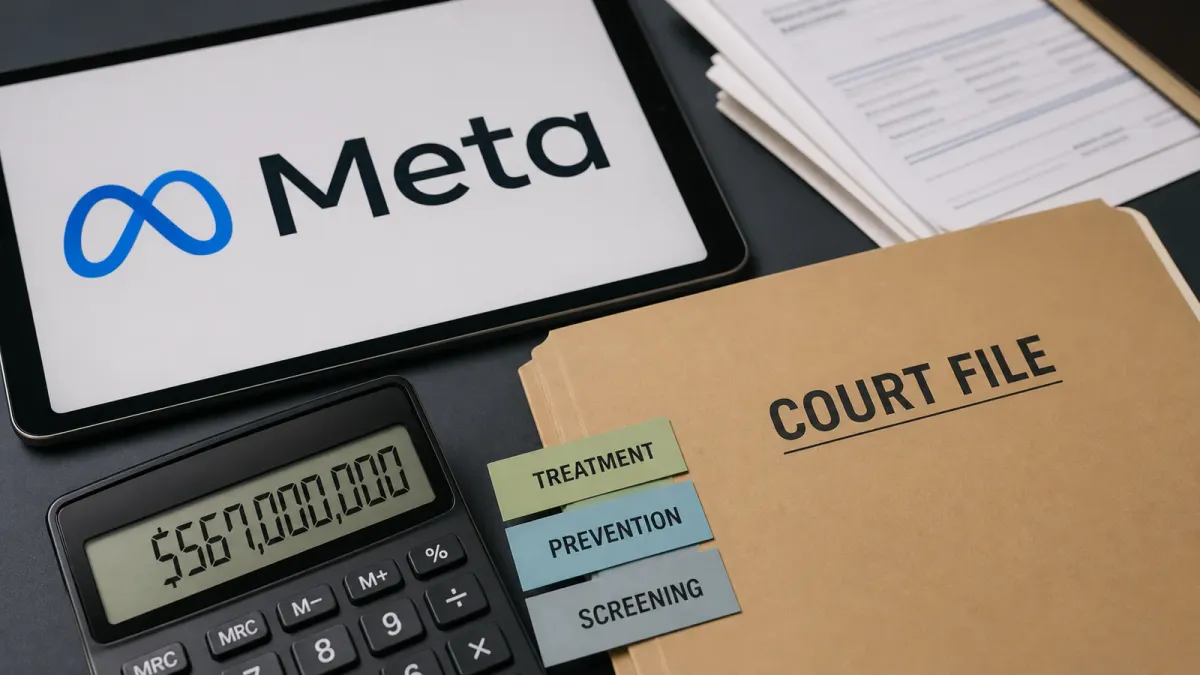 A Meta logo display beside court-file paperwork and child-safety program tabs.