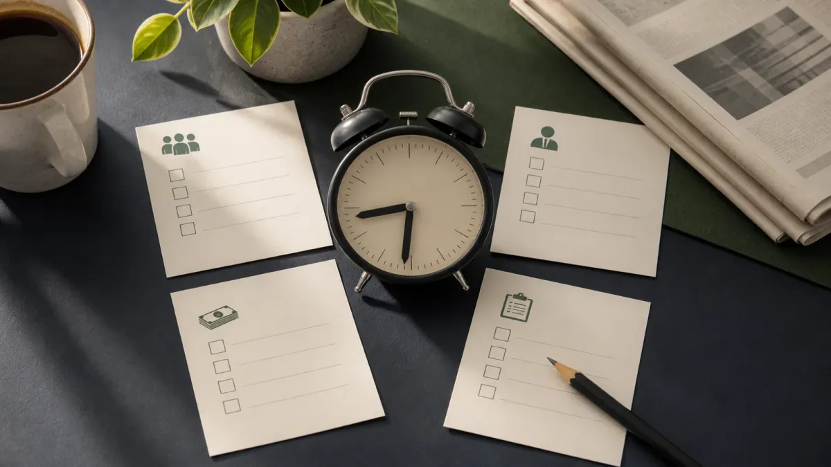 A desk still life with four blank checklist cards, a pencil, and an analog clock suggesting a jobs-report watch.