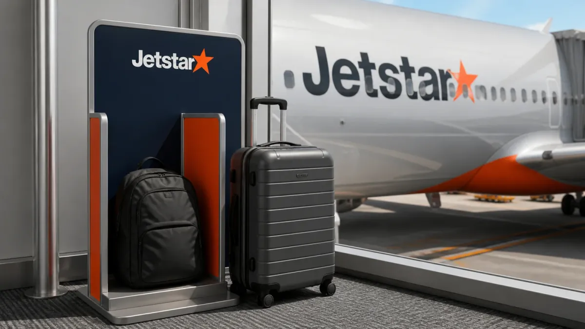 A Jetstar-branded airport baggage scene with a small backpack and larger roller bag illustrating the airline's 2027 carry-on policy change