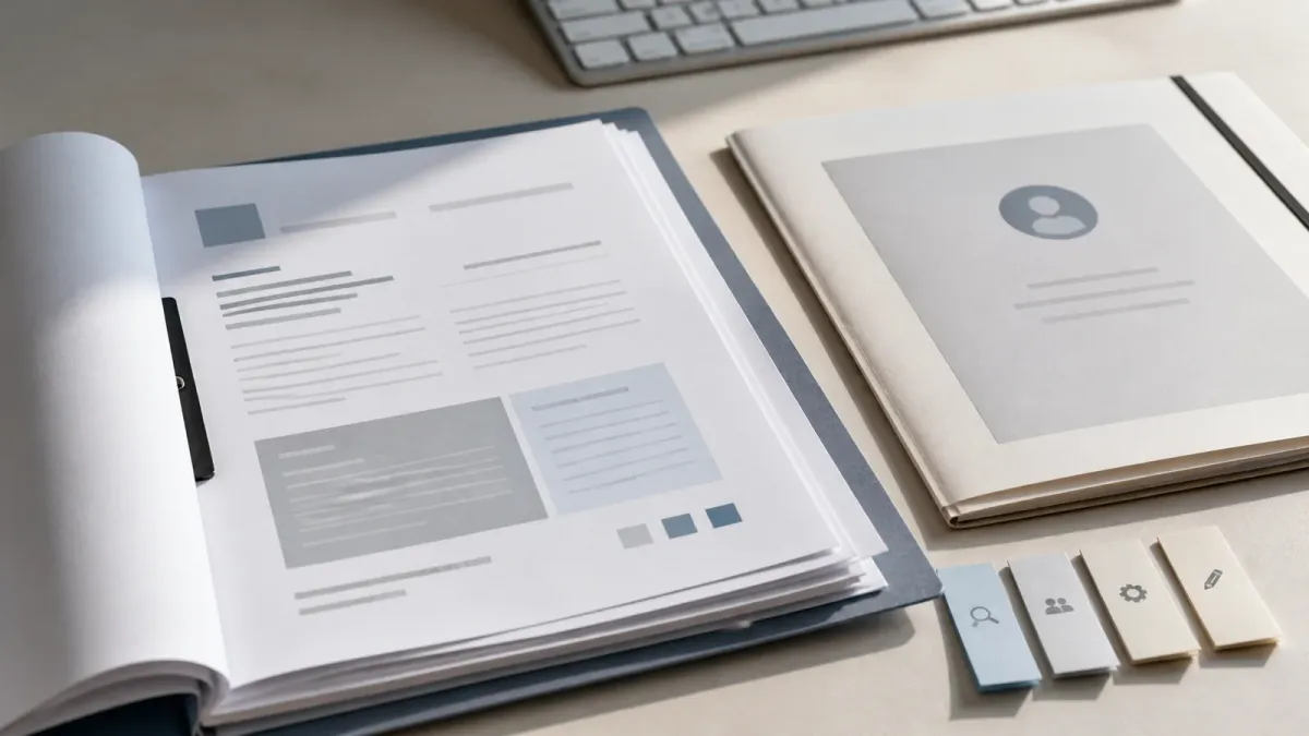A labor-market report packet beside a resume folder and workflow notes on a desk