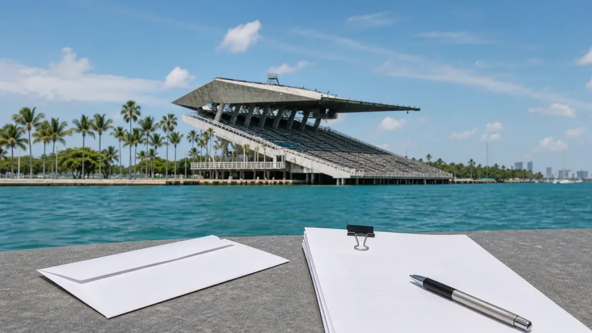 Miami Marine Stadium shown in a source-grounded editorial image with a ballot and restoration documents in the foreground.