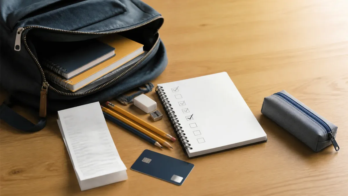 A back-to-school shopping list, backpack, notebooks, receipt and payment card arranged on a table