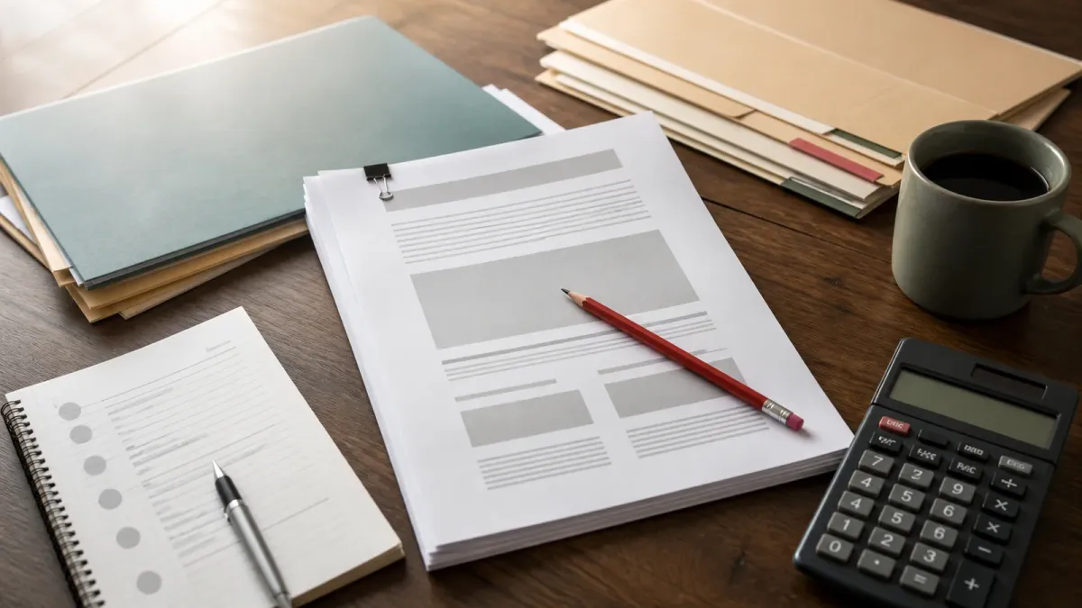 A labor report packet, payroll folders, and a job-search notebook arranged on a desk with a red revision pencil.