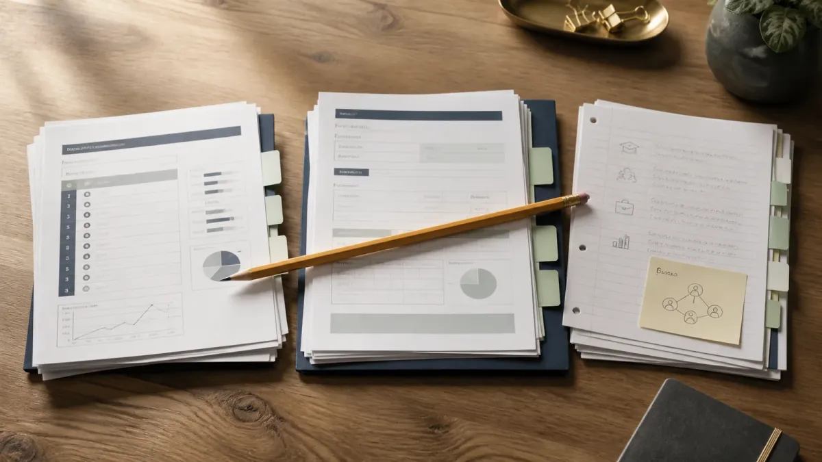 A college decision worksheet, aid paperwork and career notes arranged in three columns on a desk